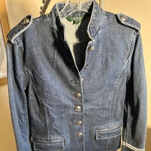 Ralph Lauren LRL Denim Officer's Jacket Blue Military Jean Stretch Womens Size 2